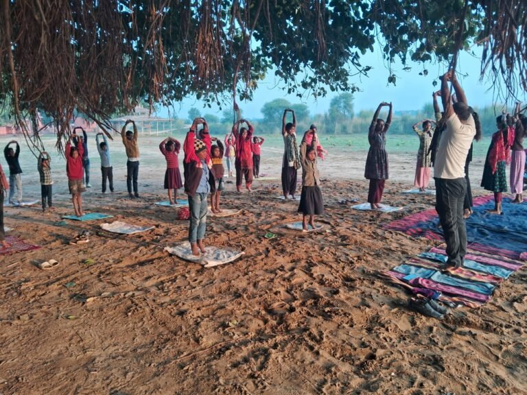 Yoga exercise by club members: